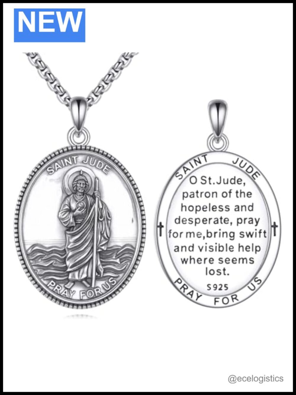 925 Sterling Silver St Jude Medal Necklace 22in Box Chain Gift for Men Women